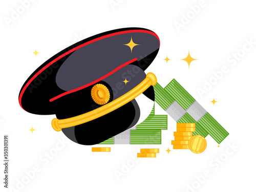 Russian police cap with money. The concept of corruption and bribery or awards, bonuses and salaries. Vector illustration.