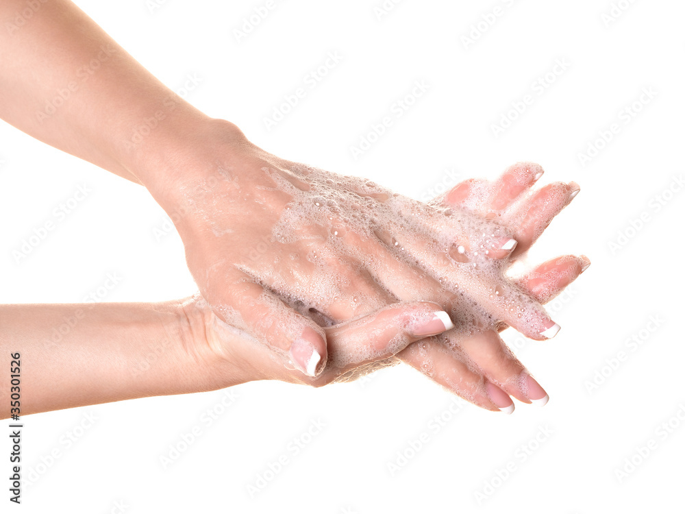 Human hands in soap foam, close up. Caucasian person washing his fingers, isolated on white. Human hands in soap foam, close up. Caucasian person washing his fingers, isolated on white.