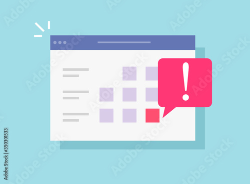 Online web calendar page with important date or internet schedule deadline agenda with time reminder notification vector flat cartoon, illustration of modern organizer app icon isolated trendy image