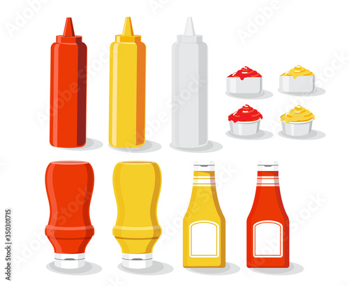 Tomato, Mustard, sauce and ketchup product set vector illustration isolated white background