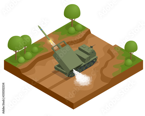 Isometric Multiple rocket launcher icons set isolated on white. Multiple Launch Rocket System is an armored, self-propelled, multiple rocket launcher a type of rocket artillery. Army.
