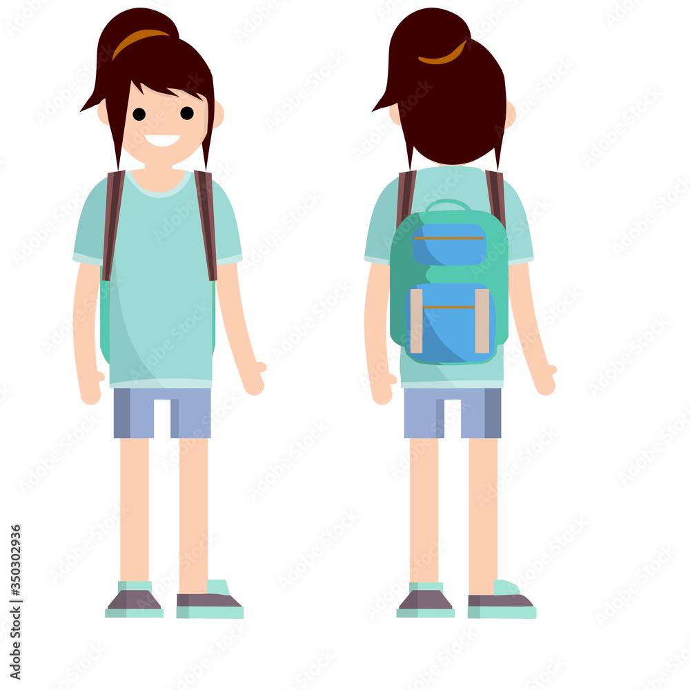 Young modern woman in blue clothes with a backpack. View of the cute happy girl from the back and front. Cartoon flat illustration - type of student
