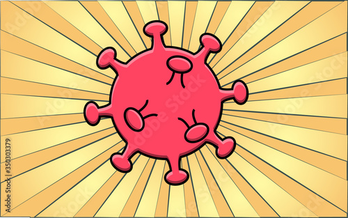 Red virus dangerous deadly epidemic pandemic of the microbe coronavirus covid-19 against a background of yellow abstract rays. Vector illustration