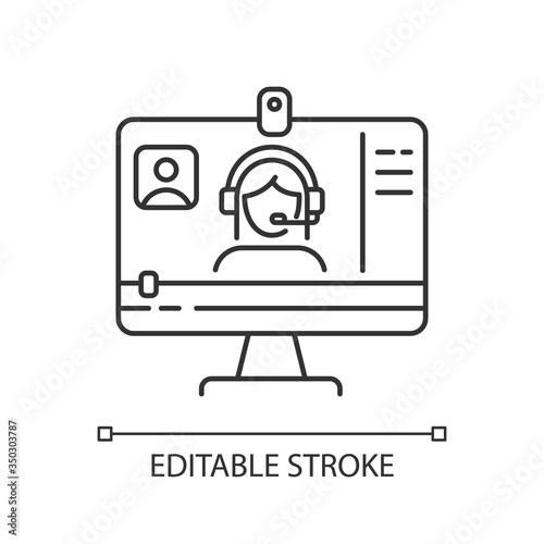 Webinar pixel perfect linear icon. Internet video. Blogger streaming. Distance learning lesson. Thin line customizable illustration. Contour symbol. Vector isolated outline drawing. Editable stroke