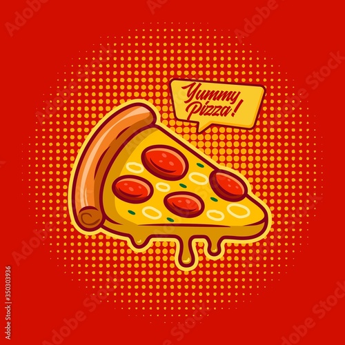 pizza on red and yellow comic popart halftone  background illustration vector