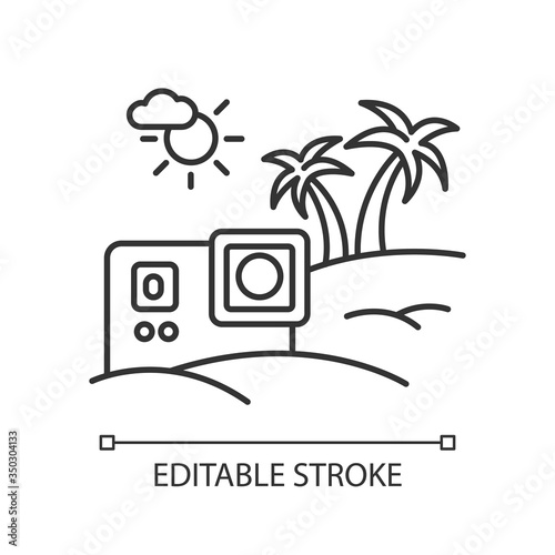 Travel video pixel perfect linear icon. Lifestyle blog photo. Tropical resort. Exotic vacation. Thin line customizable illustration. Contour symbol. Vector isolated outline drawing. Editable stroke