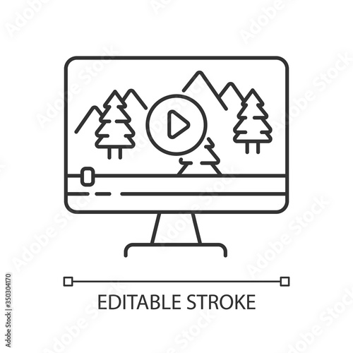 Nature documentary pixel perfect linear icon. Travel blog video watching. Wildlife videography. Thin line customizable illustration. Contour symbol. Vector isolated outline drawing. Editable stroke