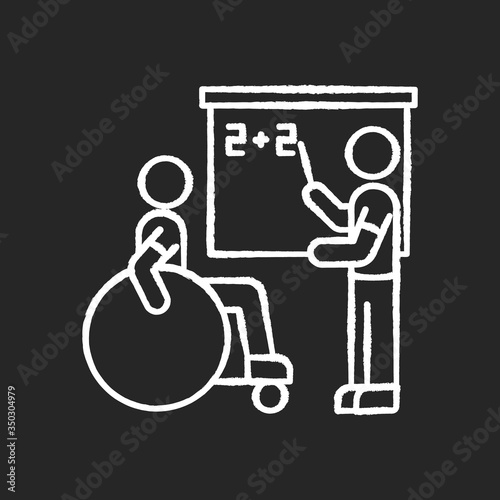 Inclusive education chalk white icon on black background. Assistastance for person with disability. Special class teacher. School accessibility for invalid. Isolated vector chalkboard illustration