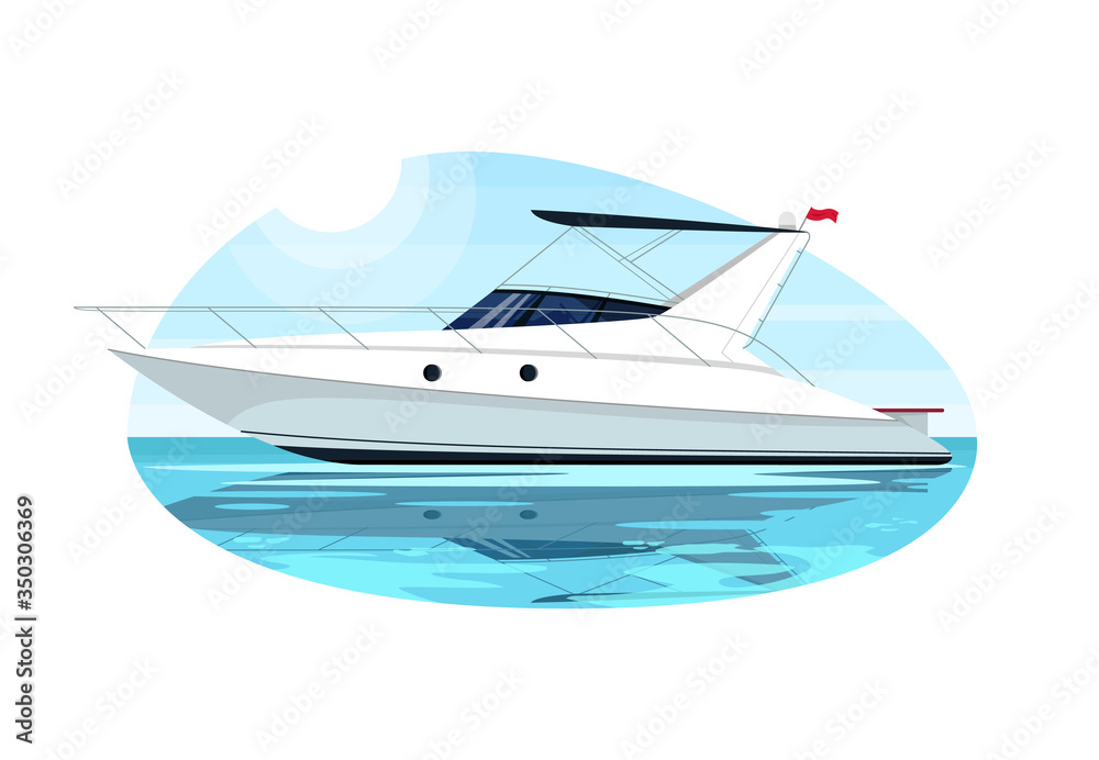 Luxury speedboat semi flat vector illustration. Fast boat for cruise. Private yacht for summer recreation. Maritime vessel. Ocean transport. Premium sailboat 2D cartoon object for commercial use