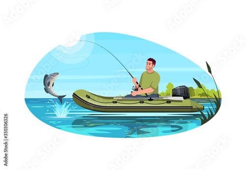 Fisherman catch fish semi flat vector illustration. Man with road sit in ship. Speed engine inflatable sailboat in freshwater. Summer recreation 2D cartoon characters for commercial use