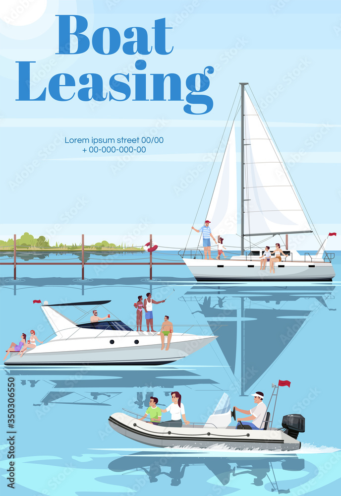 Vettoriale Stock Boat leasing poster template. Premium ship rental for  family pastime. Commercial flyer design with semi flat illustration. Vector  cartoon promo card. Luxury yacht club advertising invitation | Adobe Stock