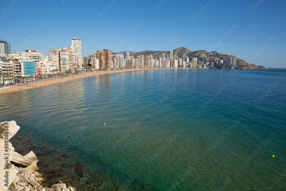 Benidorm Spain tourist town on Costa Blanca with blue sea and view of Levante beach