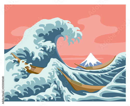 Great wave, a stylized masterpiece by Japanese artist Hokusai, seascape with mount Fuji & boats, color vector illustration in cartoon, flat & hand drawn style