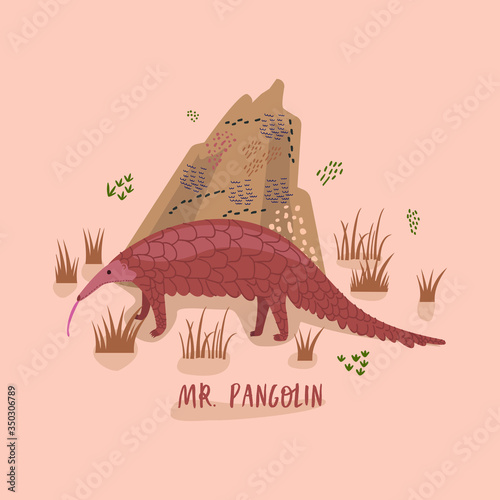 Vector cartoon illustration of a pangolin near a termite mound with the inscription Mr. pangolin.