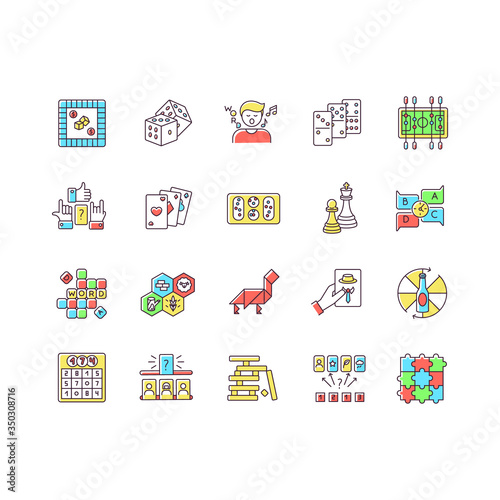 Table games RGB color icons set. Amusing and educational games, entertaining pastime. Traditional fun time, party night activities. Isolated vector illustrations