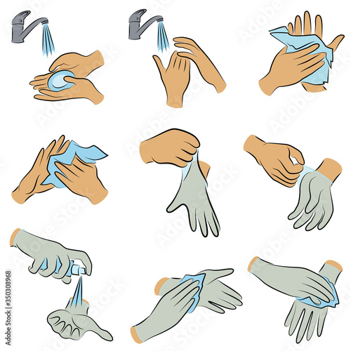 Collection of hygiene procedures. Wash your hands with soap under the tap, wipe with a napkin, treat with an antiseptic, wear rubber gloves. Vector illustration of a set