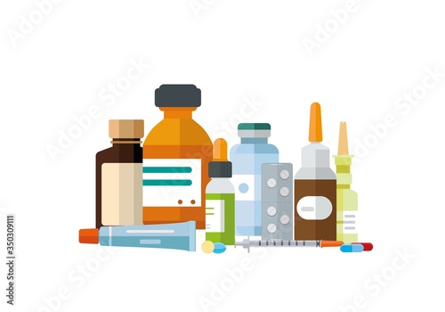 Various kinds of medication grouped together. Pharmaceutical drugs, bottled, packaged, pills, spray, creme, syrup, salve syringe flat vector illustration.