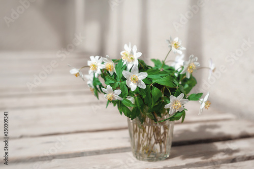 White forest flowers anemones in a vase on a wooden background. Floral background. Copy space for text