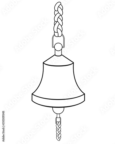 Ship bell - vector linear picture for coloring. Outline. Ship bell for signaling with ropes. Hand drawing.