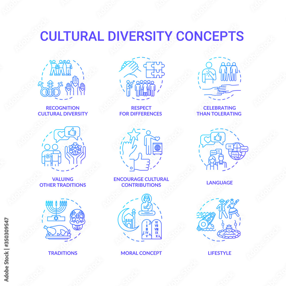 Cultural diversity blue gradient concept icons set. Respect for different nationality. Multi ethnic equality in group idea thin line RGB color illustrations. Vector isolated outline drawings