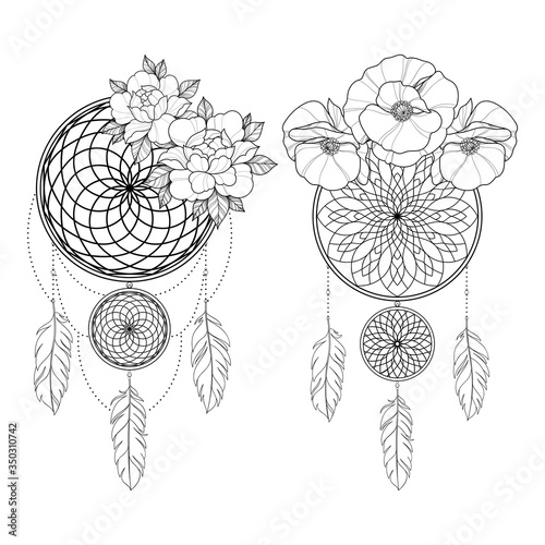 Abstract linear dreamcatcher amulets  with peony and poppies flowers. Tattoo dreamcatcher. Mehendi illustration. Vector illustration