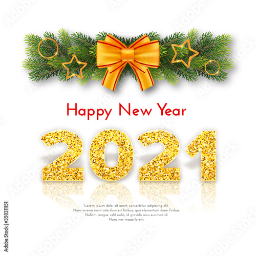 Golden numbers 2021 with reflection and shadow on white background. Holiday gift card Happy New Year with fir tree branches garland and bow. Celebration decor. Vector template illustration