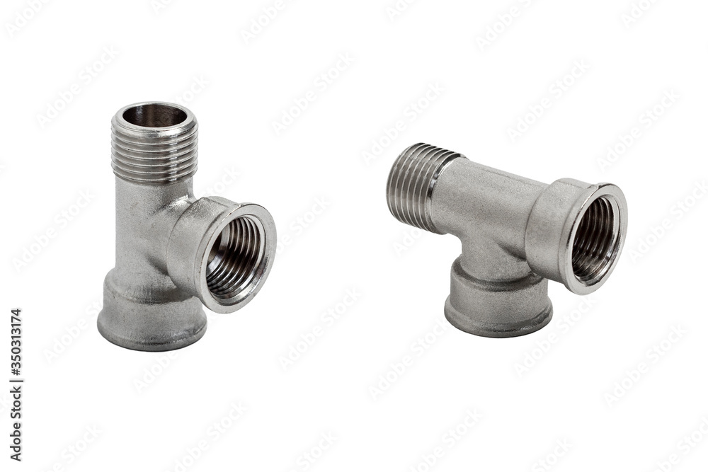 Metal Street Tee in different angles isolated on a white background. Pipe fittings. Metal Street Tee in different angles isolated on a white background. Pipe fittings.