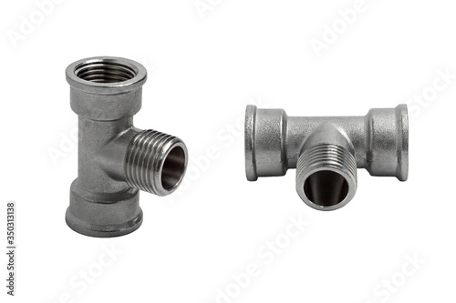 Metal Male Branch Tee in different angles isolated on a white background. Pipe fittings.