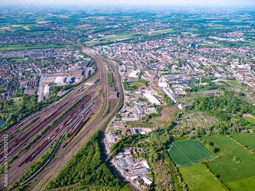Aerial photo of the freight depot and the city Hamm Westfalen Ruhrgebiet in Germany