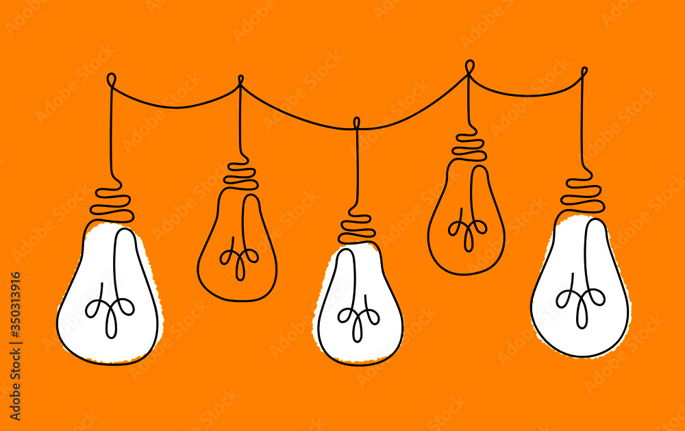One line light bulbs. Continuous hand drawing linear bulbs isolated in yellow background, symbol business idea concept. Vector illustration One line light bulbs. Continuous hand drawing linear bulbs isolated in yellow background, symbol business idea concept. Vector illustration