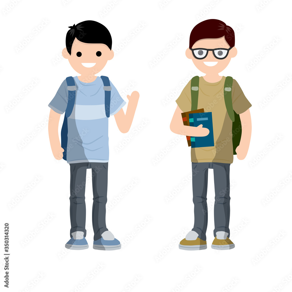 Conversation between two students with backpack and books. Study in College and University students. Men in high school. Couple young adult friend talk. Cartoon flat illustration Conversation between two students with backpack and books. Study in College and University students. Men in high school. Couple young adult friend talk. Cartoon flat illustration