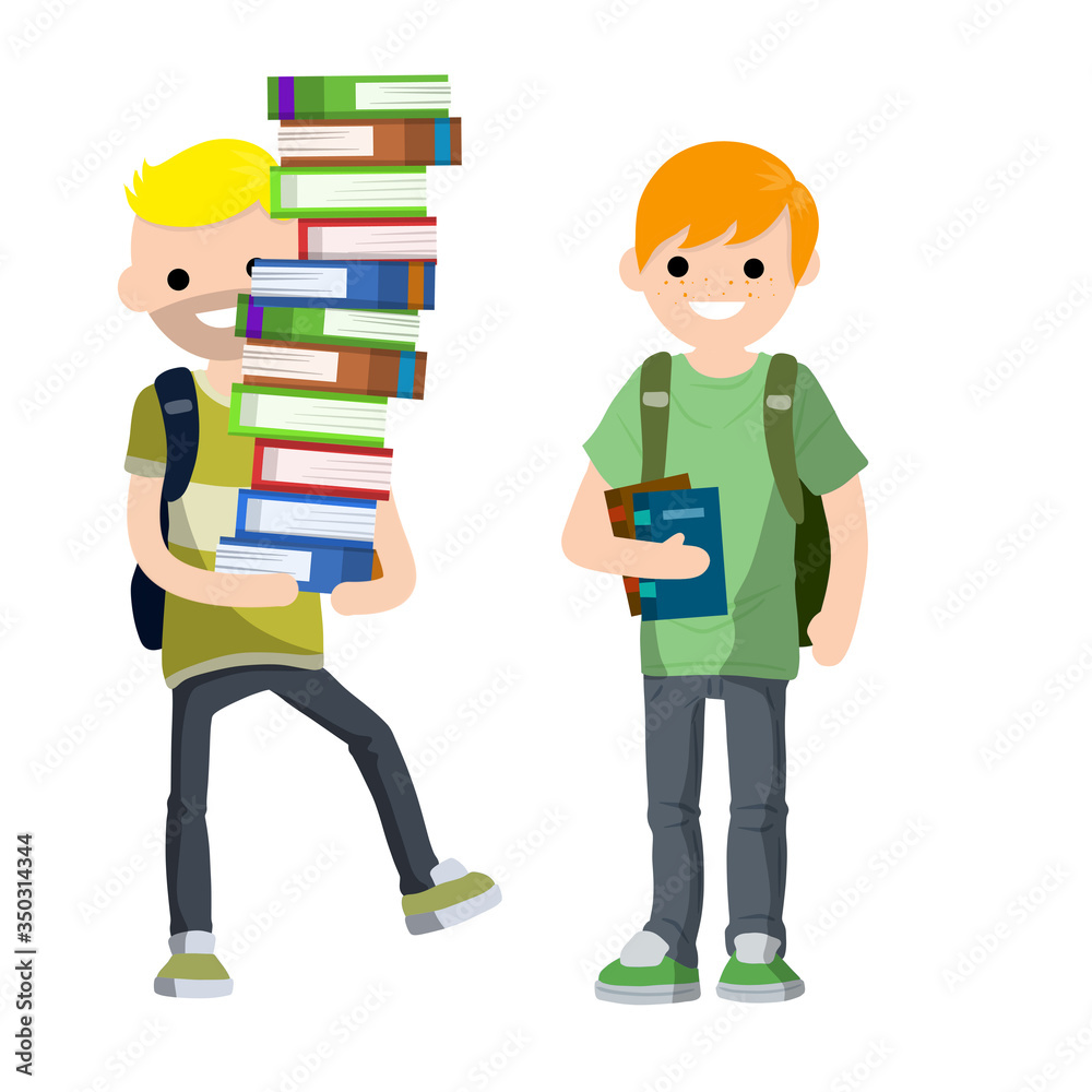 Young students with book and backpack. Boy and man at school. Education and studies. Funny Couple. Guy carries heap of books. Young students with book and backpack. Boy and man at school. Education and studies. Funny Couple. Guy carries heap of books.