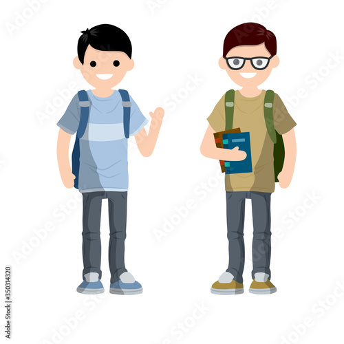 Conversation between two students with backpack and books. Study in College and University students. Men in high school. Couple young adult friend talk. Cartoon flat illustration