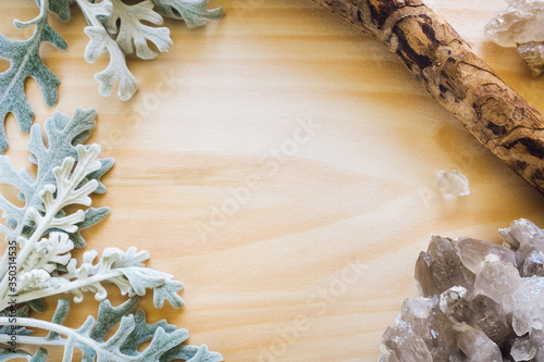 Dusty Miller and Quartz Cluster on Cedar Background