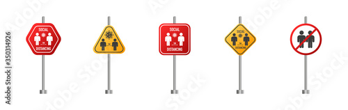 Social distancing keep your distance 1 meter or 6 feet road signs set. Vector.