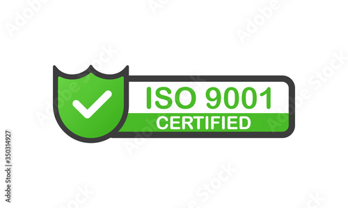 ISO 9001 certified green badge. Flat design stamp isolated on white background. Vector.