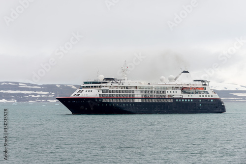 Expedition ship in Arctic sea  Svalbard. Passenger cruise vessel. Arctic and Antarctic cruise.