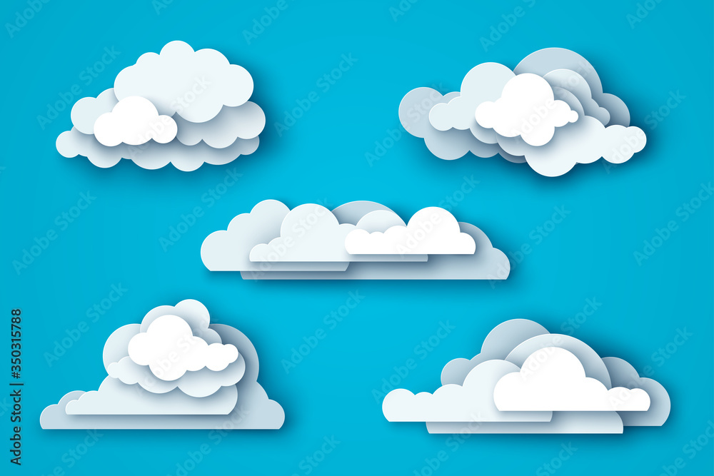 White clouds set isolated on blue sky background. Vector illustration. Layered paper cut style with shadows. White clouds set isolated on blue sky background. Vector illustration. Layered paper cut style with shadows.
