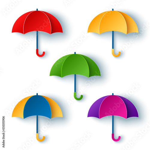 Set of elegant opened umbrellas in paper cut style isolated on white background. Vector illustration.