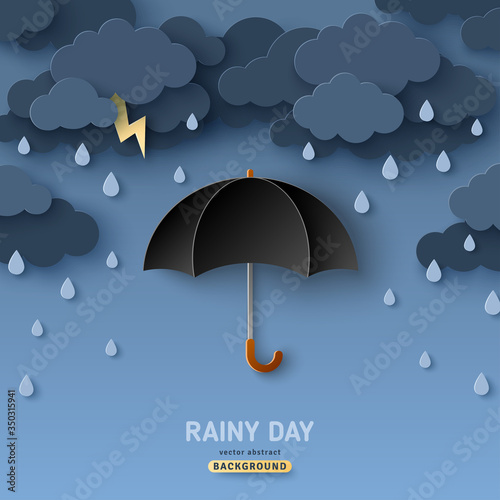 Classic elegant opened black umbrella in paper cut style. Vector illustration. Overcast sky, thunder and lightning. Rainy day monsoon concept with dark clouds.