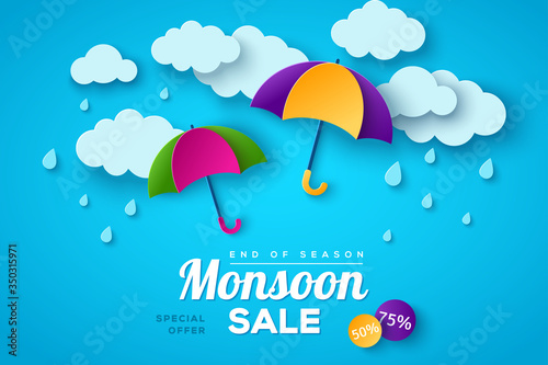 Monsoon sale offer banner template with paper cut clouds and colorful umbrella on blue background. Vector illustration. Place for text. Overcast sky with rain