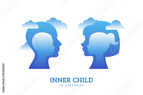 Fototapeta Naklejka Na Ścianę i Meble -  Human head with inner child inside. Vector illustration. Psychology logo concept. Blue man and woman silhouettes isolated on white background for psychotherapy design.