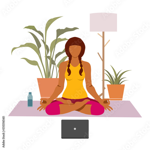 Female cartoon character practicing Hatha yoga. Woman doing workout indoor. Sport exercise at home. Yoga and fitness, healthy lifestyle. Flat vector illustration. Yogi woman in Ardha padmasana 