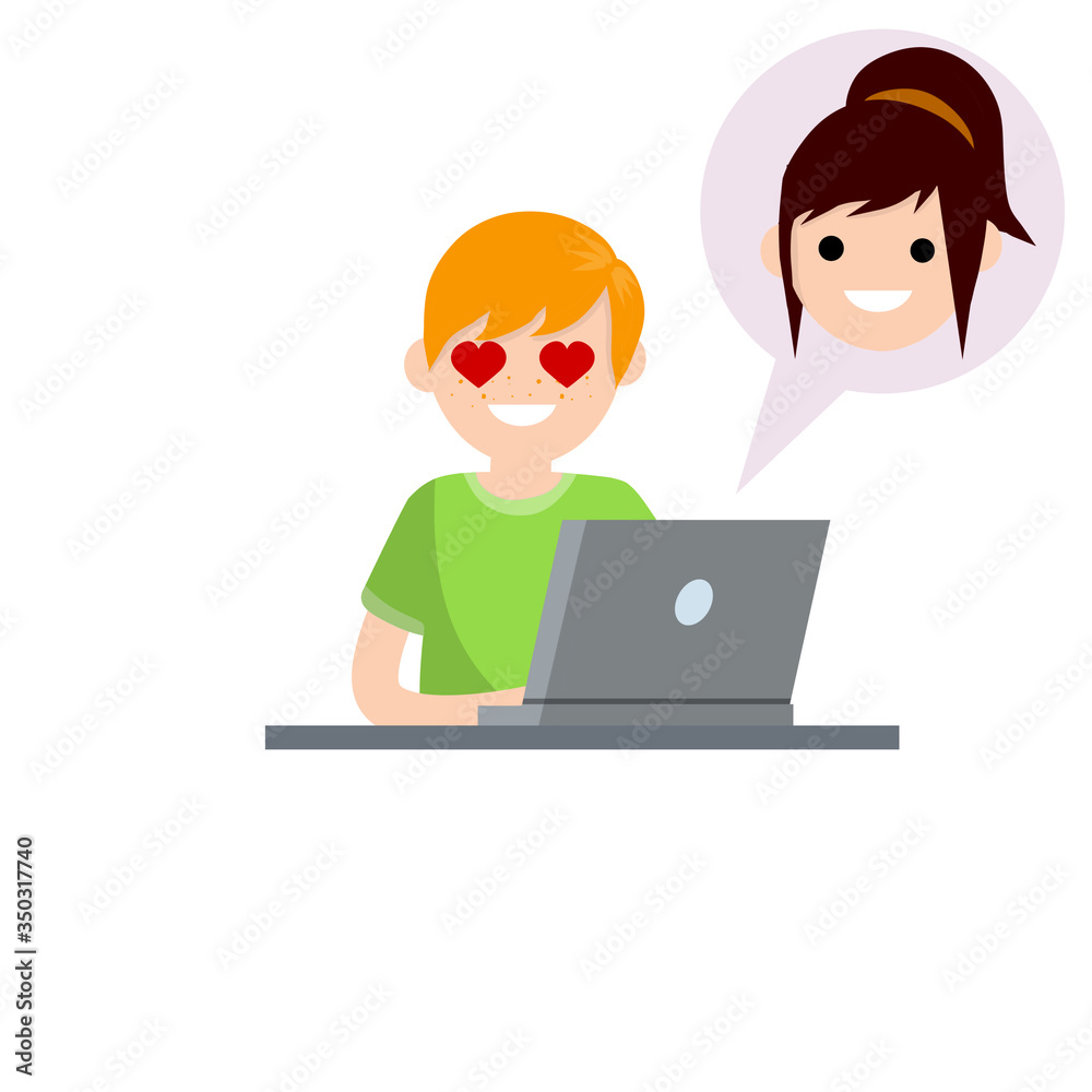 Man in love sitting at table with laptop. boyfriend and girlfriend email. Bubble with girl head. Romantic relationships on Internet. Cartoon flat illustration. Chat with woman. Heart on eyes Man in love sitting at table with laptop. boyfriend and girlfriend email. Bubble with girl head. Romantic relationships on Internet. Cartoon flat illustration. Chat with woman. Heart on eyes