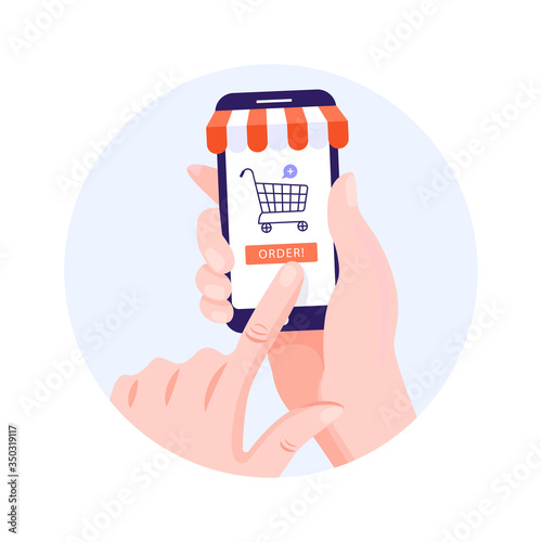 Order online concept. Hand holding smartphone with basket icon, order button and striped sun tent. Mobile App. Vector illustration on white background.