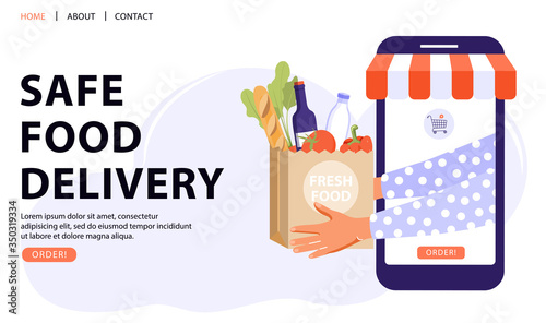 Safe food delivery service concept. Smartphone with basket icon, grocery products bag, order button and striped sun tent. Online order during quarantine. Vector web page banner illustration.