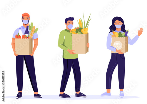 Safe food delivery service. People receive grocery products bag. Online order. Vector illustration on white background.