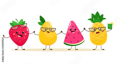 Cute summer fruits mango, pineapple, watermelon and strawberries. Vector illustration in cartoon flat style.
