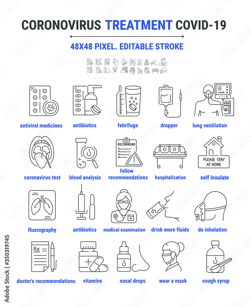 Set Vector Graphic Line, Flat, Outline Design Icons. Coronavirus Treatment, Viral Pneumonia, Disease Symptoms. Symptoms and Conditions at Risk. Editable Stroke. 48x48 Pixel. Symbol, Sign. Set Vector Graphic Line, Flat, Outline Design Icons. Coronavirus Treatment, Viral Pneumonia, Disease Symptoms. Symptoms and Conditions at Risk. Editable Stroke. 48x48 Pixel. Symbol, Sign.