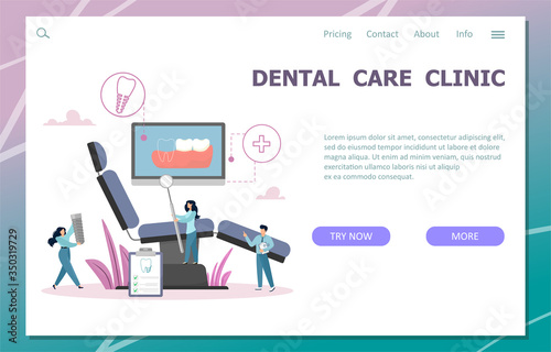 Dental care landing page. Dentistry poster concept, therapist banner template. Website design with flat people, dentist tools, equipment. Treatment, prosthetics for web and applications on a smartphon